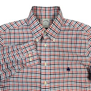 Brooks Brothers 346 Button Down Shirt Mens S Blue Orange Plaid Check Slim Fit